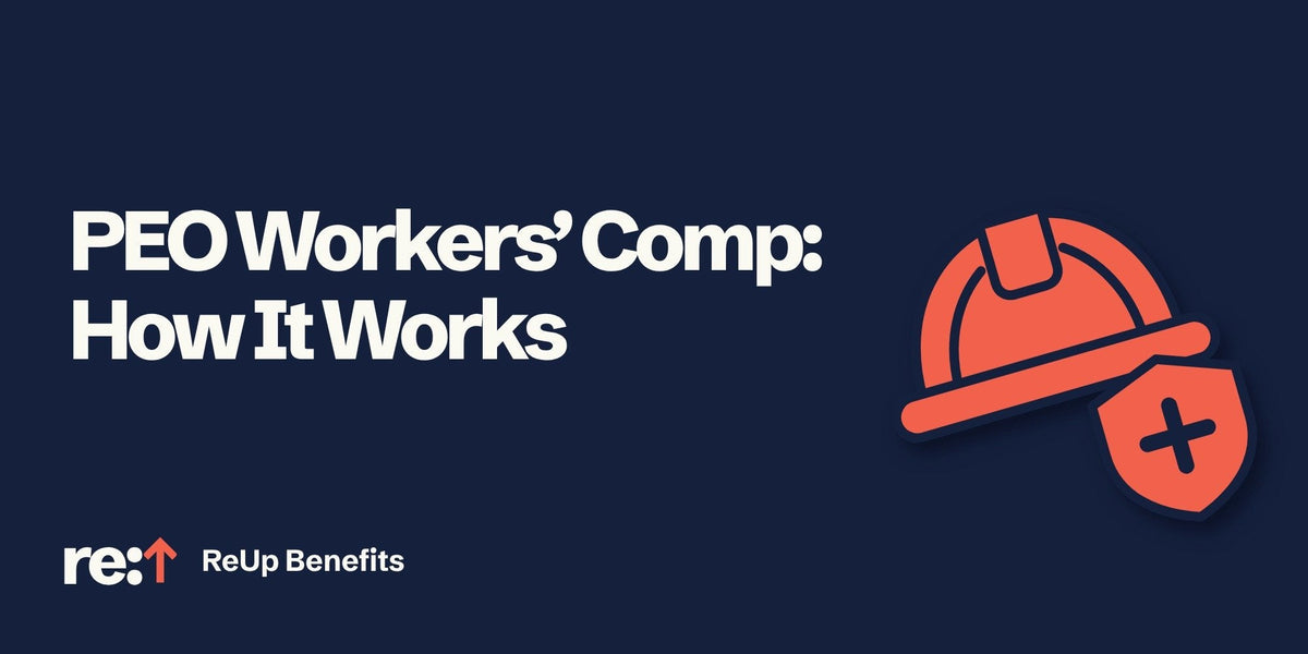 Blog banner in our typical format with the title "PEO Workers' Comp" How it Works with a hard hat in coral and dark blue background.  